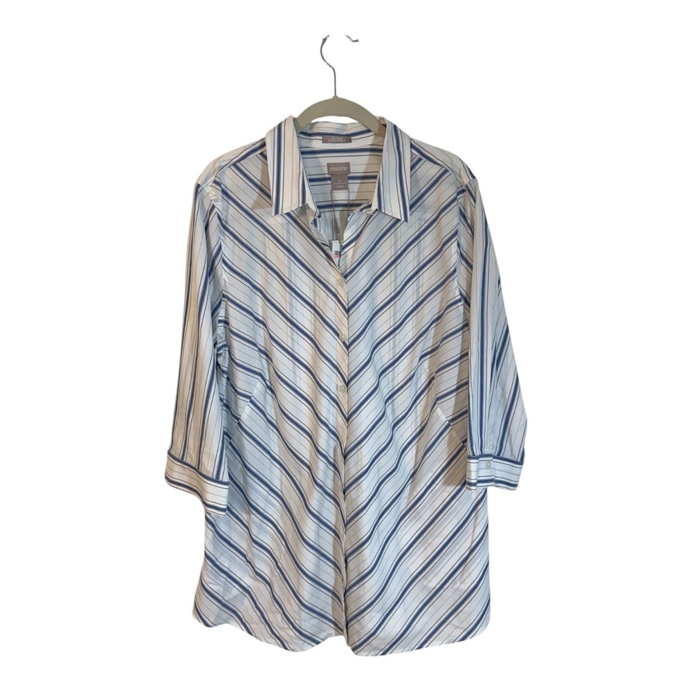 Chico's No-Iron Stain Shield Tunic Shirt Blue 3 Womens Striped Cotton NEW
